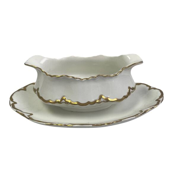 Vintage 1929 Pope-Gosser Sepia Gold Trimmed Ceramic Attached Gravy Boat Server - Picture 1 of 5